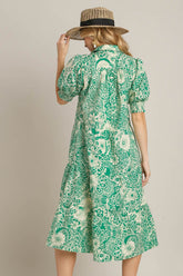 Umgee Full Size Printed Smocked Cuff Puff Sleeve Midi Dress Plus Size OutfitFlow